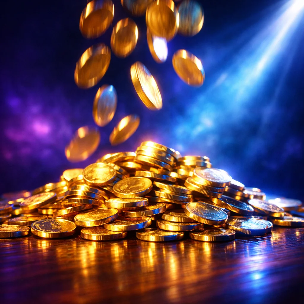 Gouden munten cascade boven live baccarat tafel