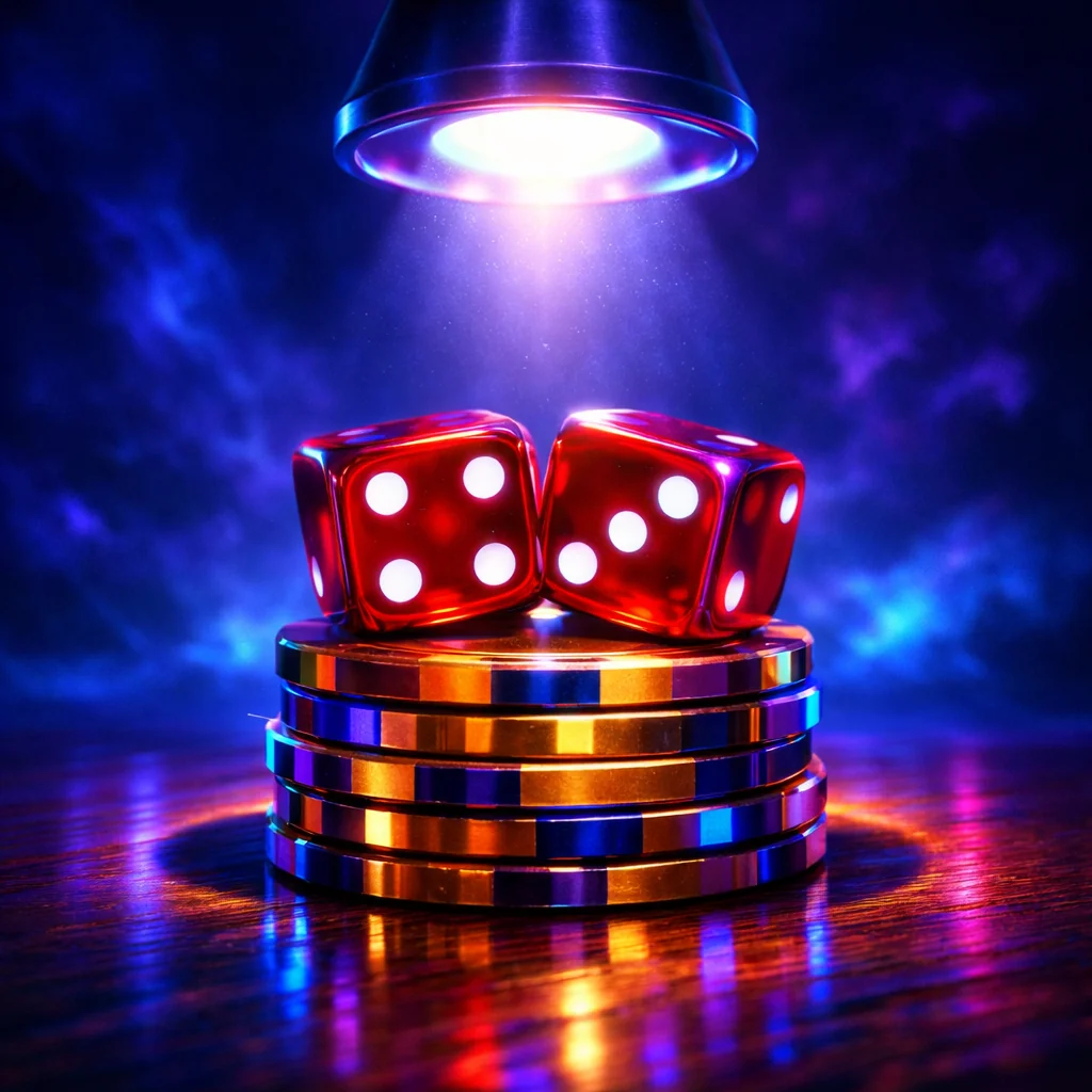 Rollende dobbelstenen boven neon live casino tafel